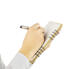 Man is taking note on small organized book isolated over white