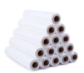 A pyramid stacked with rolls of stretch film on a white background. © madaland