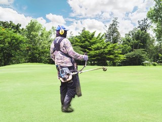 Work man using grass cutter machine on green grass field