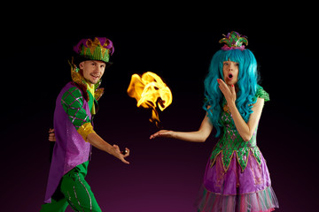 Artist team make amusement soap bubble. Soap bubble show in black studio.