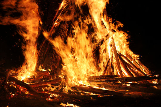 Burning wood fire at night
