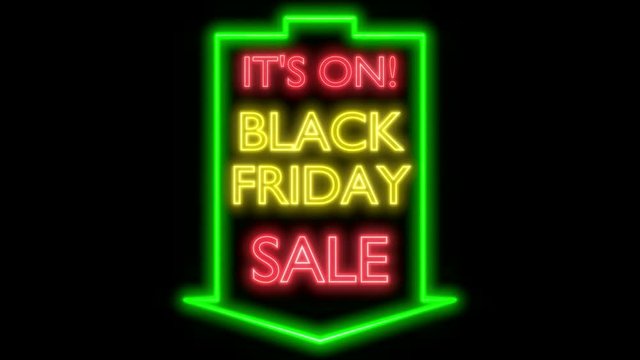Black friday sale neon sign on dark background. Loop able, 3D rendering, yellow and green variant, UHD.