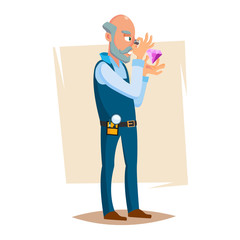 Jeweler Valuer Isolated Man Vector. Professional Classic Jeweler Examines The Diamond. Cartoon Character Illustration