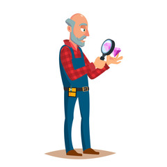 Jeweler Diamond Expert Vector. Jewels And Diamonds. Man Examines Faceted Diamond In Workplace. Cartoon Character Illustration