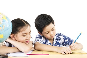 Asian kids are studying the globe over white background