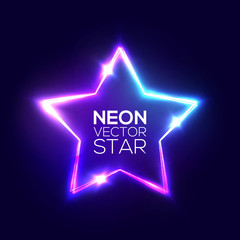 Abstract Neon Star. Electric Frame. Night Club Sign. 3d Retro Light Starry Signboard With Shining Neon Effect. Techno Glowing Frame On Dark Blue Backdrop. Colorful Vector Illustration in 80s Style.