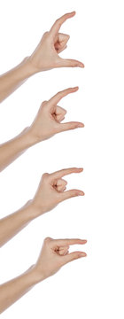 Different gesture of hands to hold something in different sizes on white background.