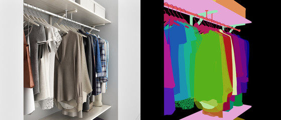 Wardrobe built-in wall with clothes 3d render with color alpha map