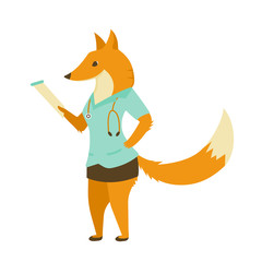 Vector illustration of a cartoon fox wearing doctor clothes. Vector flat illustration.