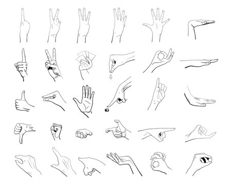 Set of 30 gestures. Woman's hand. Vector outline illustration.