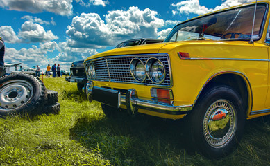 The hood of yellow, angular retro car from the USSR, a bottom view