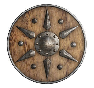 old wooden vikings' shield isolated 3d illustration