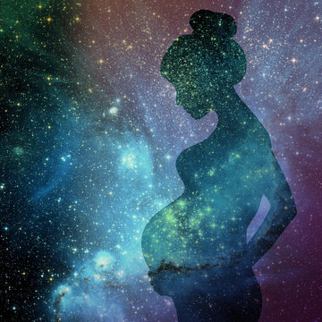 Life philosophy about New Born and Dead Concept present by shape of Pregnant Woman over Universe Sky