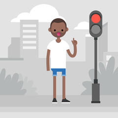 Young black character attracting attention on the pedestrian crossing / flat editable vector illustration, clip art