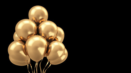 Holiday isolated black background luxury golden balls. 3d illustration, 3d rendering.