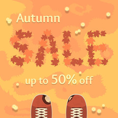 Autumn sale vector banner, poster, flyer. Fresh creative design of sale template. Flat vector illustration with leaves on grass and old ragged shoes.