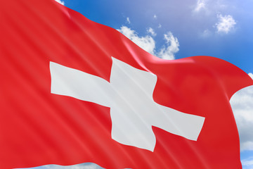 3D rendering of Switzerland flag waving on blue sky background