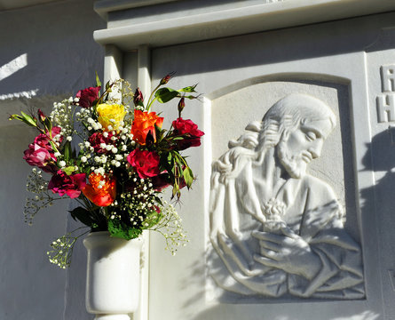 Marble tombstone in the cemetery, All Saints Day, Andalusia, Spain