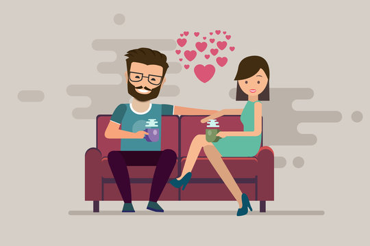 Smiling romantic couple drinking coffee on sofa in their living room. Vector flat illustration