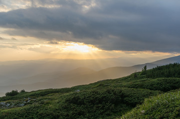Sunset in the mountains. Travel to the mountains. Carpathians, Ukraine