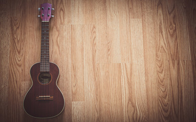Still Life Ukulele on Wooden Floor Background with Copy Space for Background
