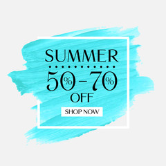 Summer Sale 50-70% off sign over watercolor art brush stroke paint abstract background vector illustration. Perfect acrylic design for a shop and sale banners.