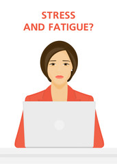 Sad woman sitting at the laptop. Boring job. Depression and fatigue. Vector illustration on white background