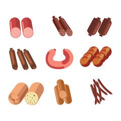 Sausages sorts meat gastronomy or butcher shop delicatessen products vector icons