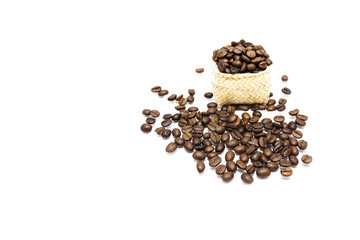 roasted coffee bean on a basket on white background.