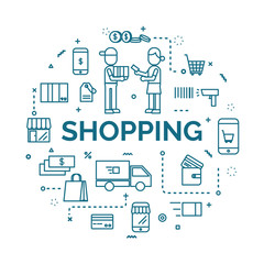 lettering of shopping concept with line icons set.