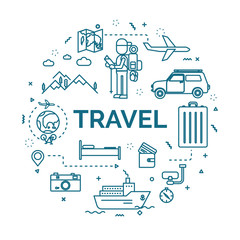 Fototapeta na wymiar lettering of travel concept with line icons set.