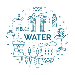 lettering of water concept with line icons set.