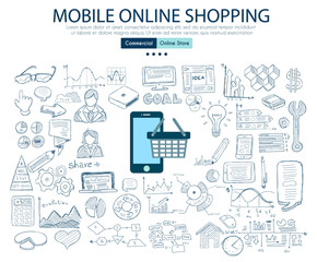 Ecommerce cart optimization concept with Business Doodle design style: online carts, sales and offers, best timing.