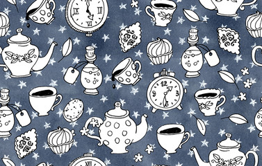 Watercolor illustration. Seamless pattern of stars, tea and clocks
