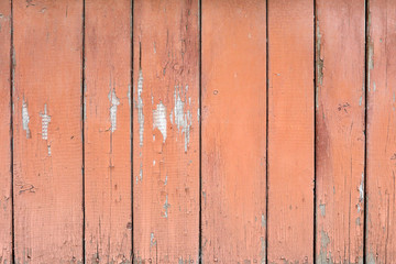 Wooden background in pastel orange. Old background painted fence of boards.