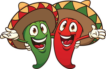 Happy cartoon Mexican chili peppers.  Vector clip art illustration with simple gradients. All in a single layer. - obrazy, fototapety, plakaty