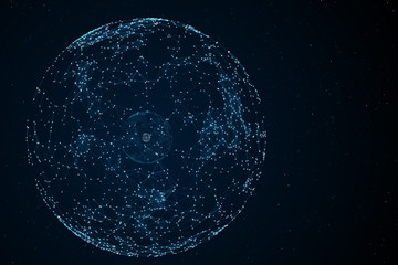 Animated abstract sphere from connected white dots with blue lines and shallow depth of field 3d illustration