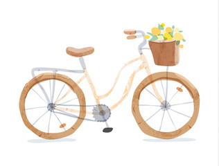 Fototapeta na wymiar Vector illustration of blue retro bicycle. Types of bike: road bicycle, city, urban bike, old, cruiser. Vintage bicycle in watercolor style. Bike for girl with wooden basket, crate.