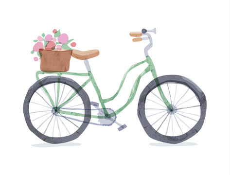 Vector illustration of blue retro bicycle. Types of bike: road bicycle, city, urban bike, old, cruiser. Vintage bicycle in watercolor style. Bike for girl with wooden basket, crate.