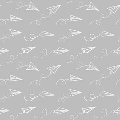 Seamless pattern with vector paper airplane. Travel, route symbol. Vector illustration of  background with hand drawn paper plane. Outline. Hand drawn doodle airplane. Black linear paper plane icon