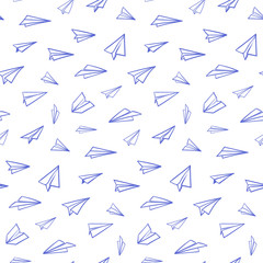 Seamless pattern with vector paper airplane. Travel, route symbol. Vector illustration of  background with hand drawn paper plane. Outline. Hand drawn doodle airplane. Black linear paper plane icon