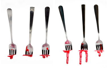 forks with blood on a white background