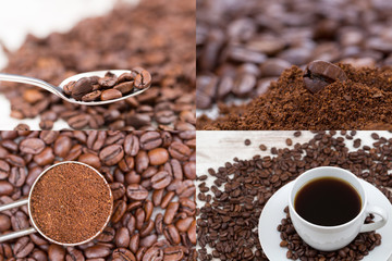 Collection of coffee and coffee beans. Four different close up images.