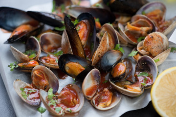 Close-up of baked vongole shells and mussels in tomato sauce, selective focus, studio shot