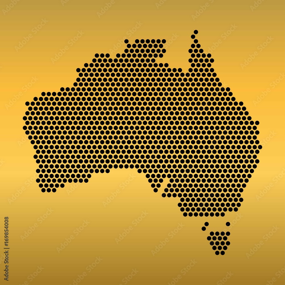 Poster australia map of circle shape on the gradient gold background. vector illustration dotted style.