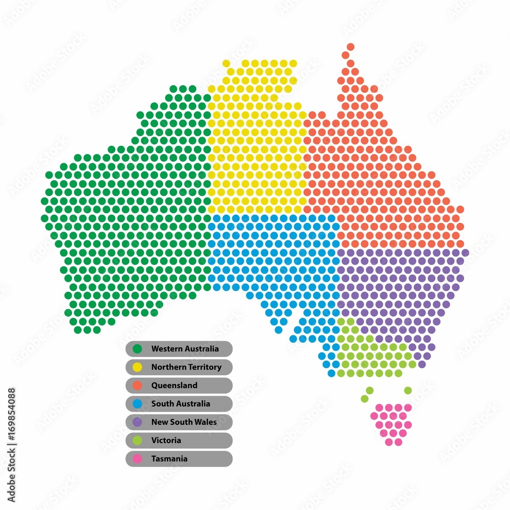 Aufkleber Australia Map of circle shape with the provinces colored in bright colors on white background. Vector illustration dotted style.