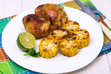 Dish of corn and turkey on grill
