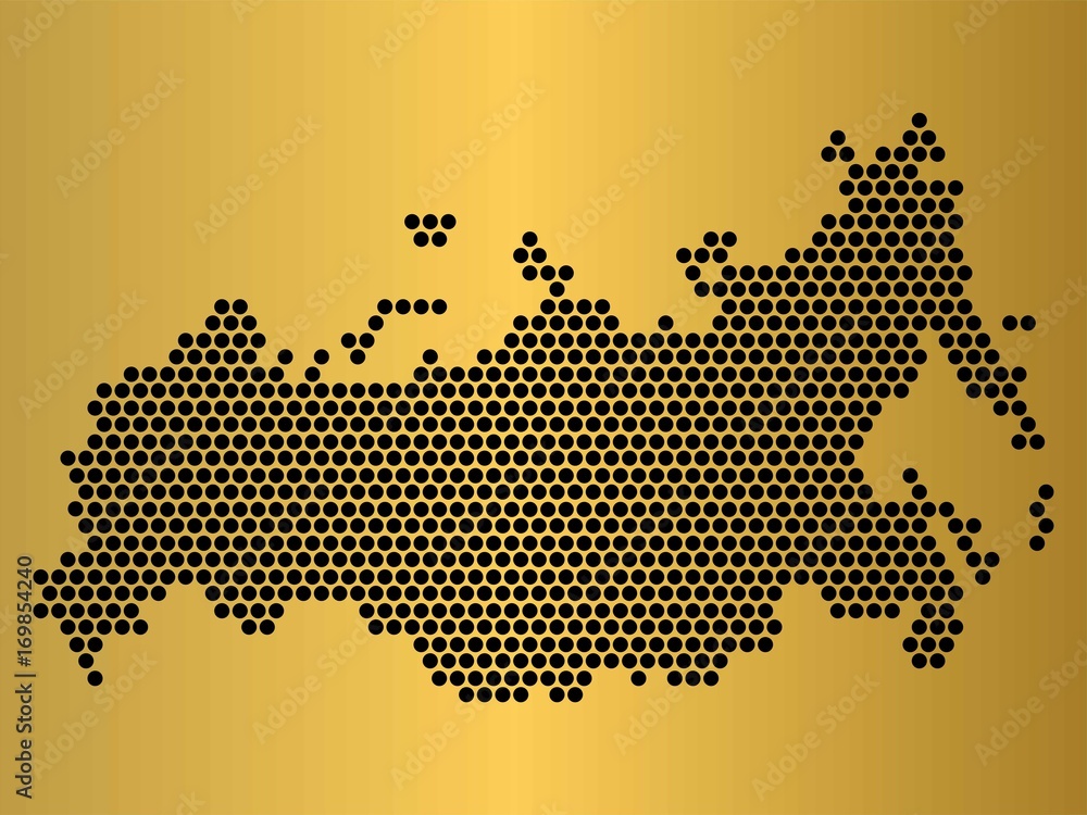 Poster russia map of circle shape on the gradient gold background. vector illustration dotted style.