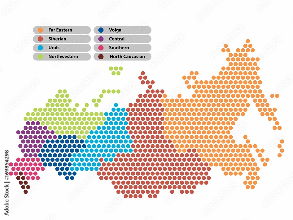 Poster russia map of circle shape with the provinces colored in bright colors on white background. vector i