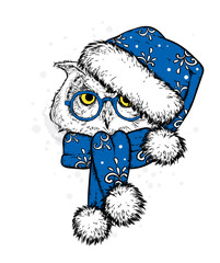 Sweet owl in a New Year's cap and scarf. Vector illustration. Beautiful bird. Santa Claus. New Year's and Christmas.